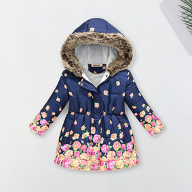 Girls Navy Blue Rose Printed Hooded Puffer Jacket Coats & Jackets Navy Blue 3-4 Y