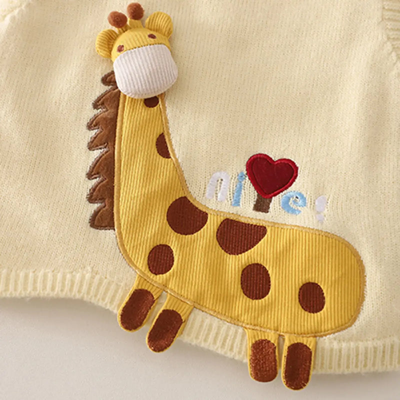 Boys Cream Giraffe Patch Embroidered Sweater Vest With Shirt & Denim Jogger Sets Sets