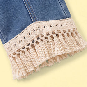 Girls Beige Long Sleeves Tassel Top With Denim Pants Sets Sets