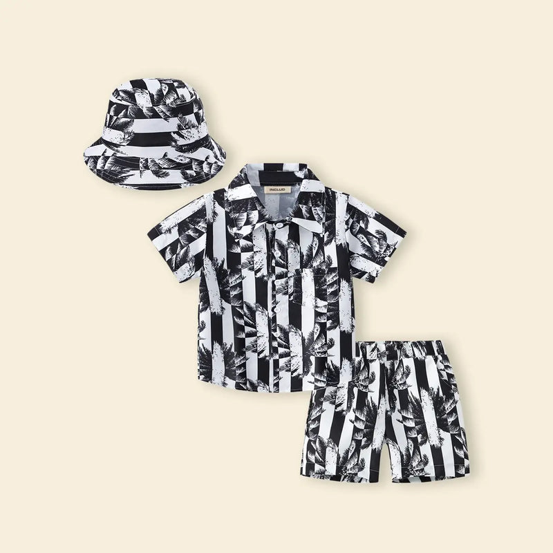 Boys Black Tropical Print Button-Down Shirt With Shorts & Hat Co-ord Sets Sets