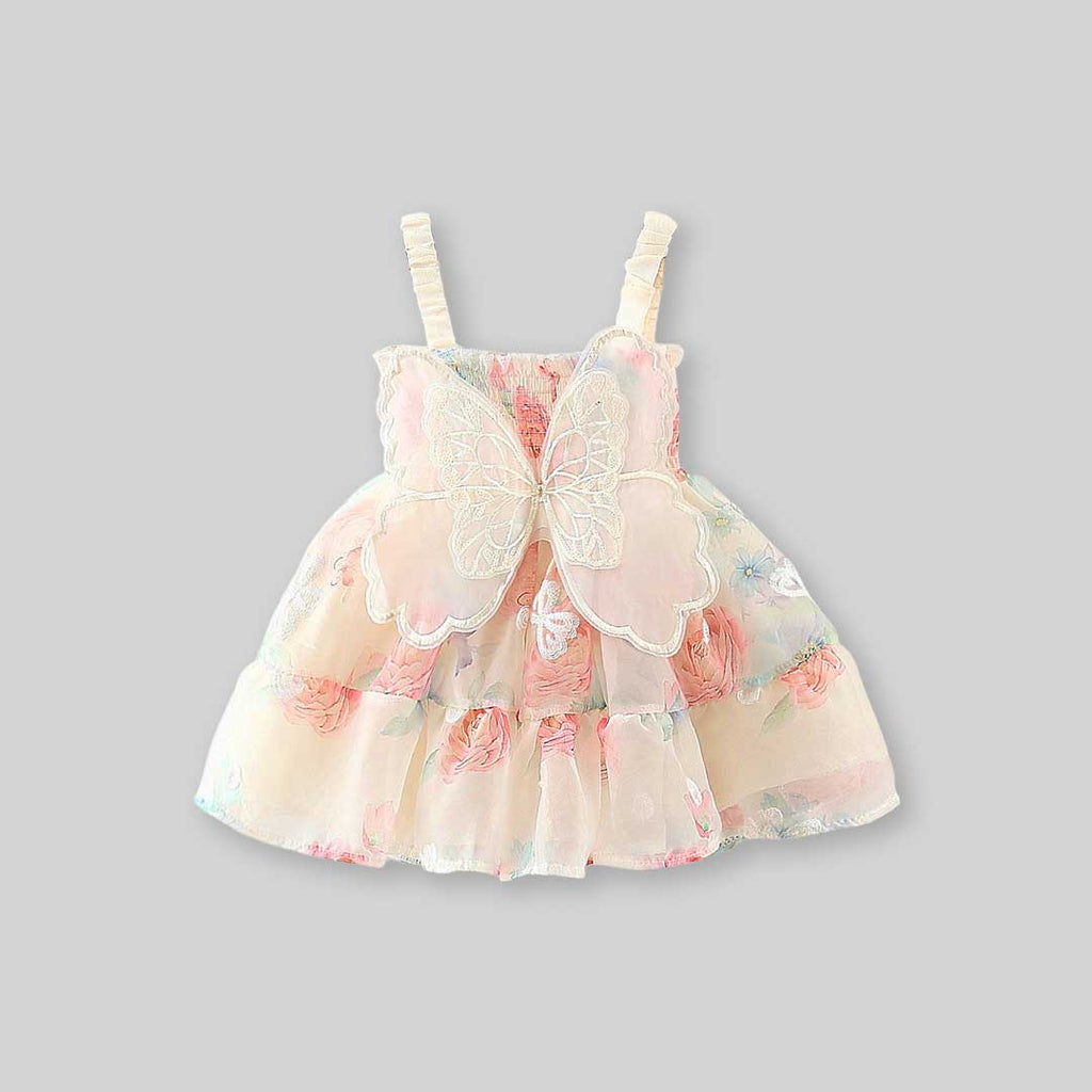 Girls Floral Print with Butterfly Wings Casual Dress