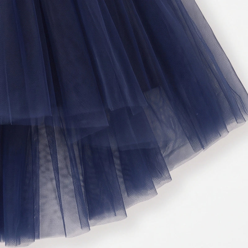 Girls navy blue party dress with puff sleeves and bow