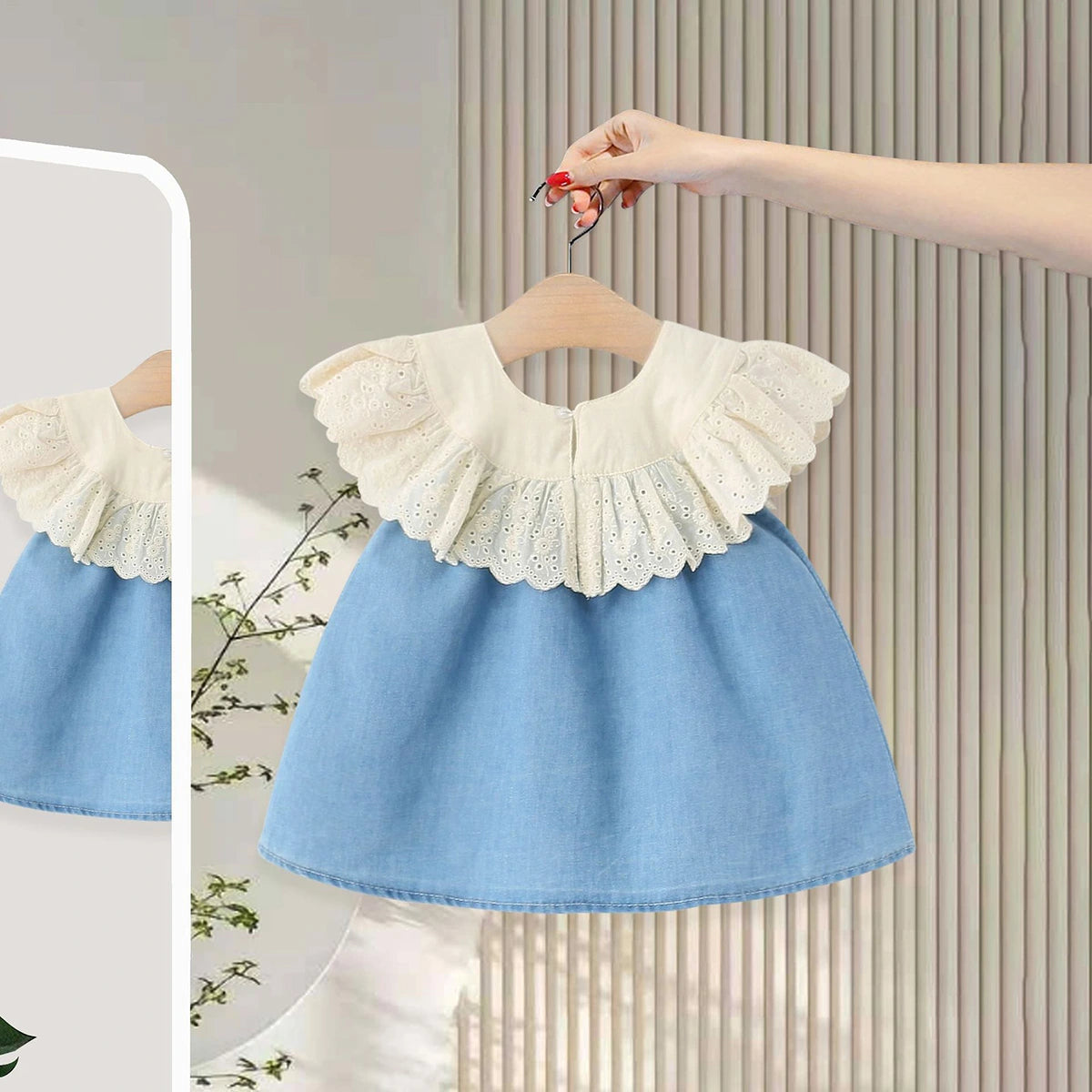 Girls Light Blue Eyelet Lace A-Line Dress with Ruffle Collar Casual Dresses
