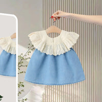 Girls Light Blue Eyelet Lace A-Line Dress with Ruffle Collar Casual Dresses