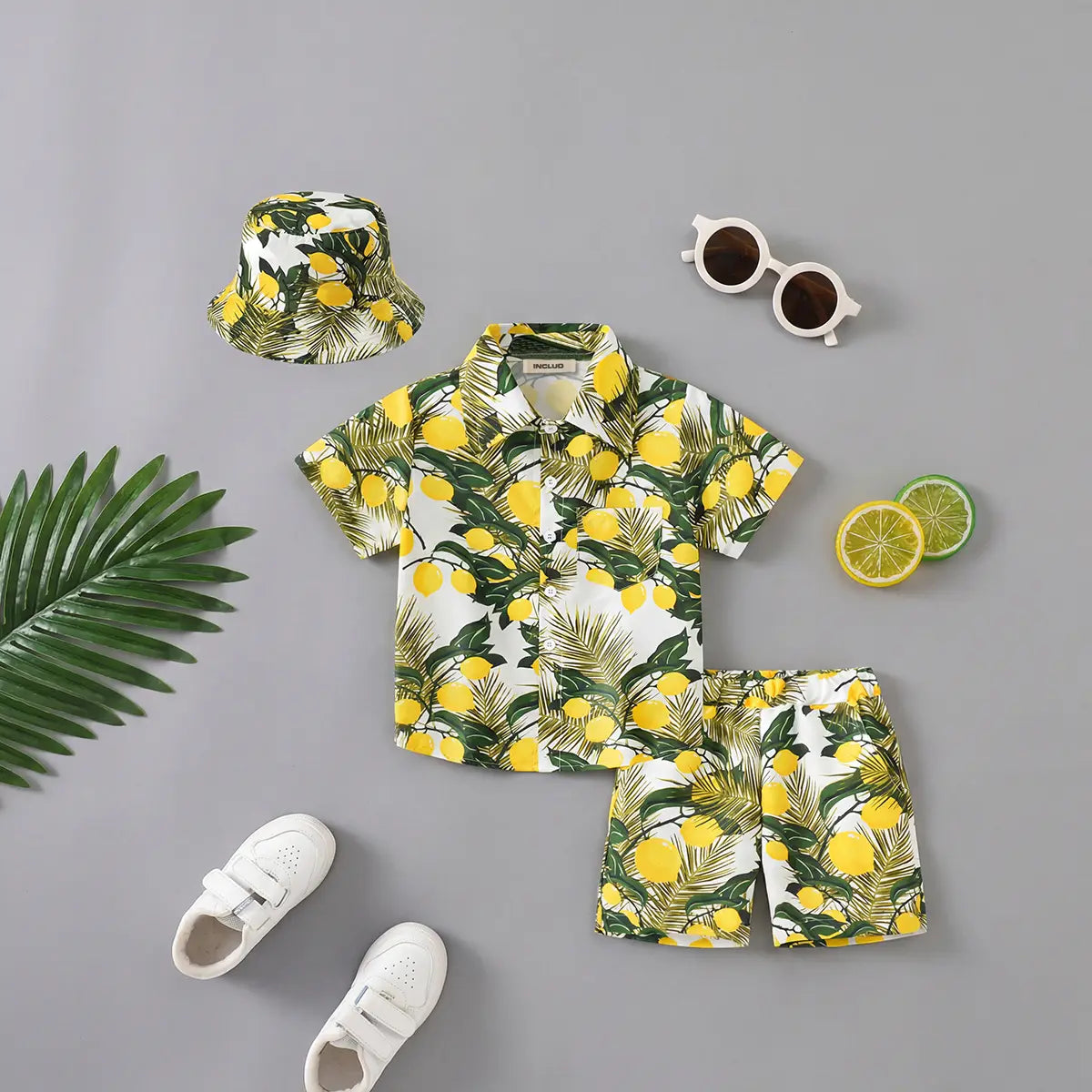 Boys Yellow Lemon Print Button-Down Shirt With Shorts & Hat Co-ord Sets Sets Yellow 2-3 Y