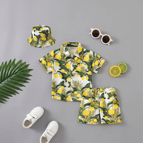 Boys Yellow Lemon Print Button-Down Shirt With Shorts & Hat Co-ord Sets Sets Yellow 2-3 Y