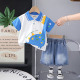 Boys Blue Dinosaur Printed Polo T-Shirt With Denim Shorts Set