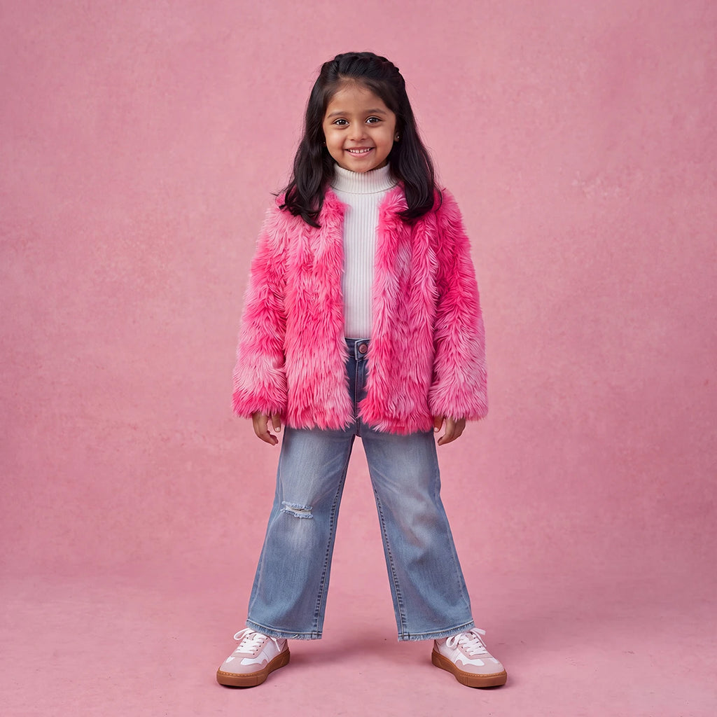 Girls Pink Solid Faux Fur Jacket Coats & Jackets Pink 3-4 Y