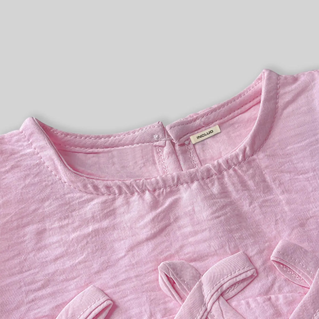 Girls Pink Bow Appliqued A-line Dress With Ruffled Hem Casual Dresses