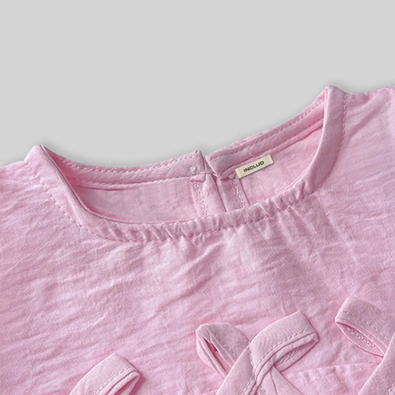 Girls Pink Bow Appliqued A-line Dress With Ruffled Hem Casual Dresses