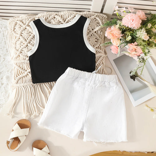 Girls Black Flower Applique Sleeveless Crop Top With Shorts Set Sets
