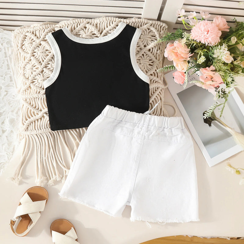 Girls Black Flower Applique Sleeveless Crop Top With Shorts Set Sets