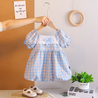Girls Light Blue Checked A-line Dress With Bow & Lace Trim Casual Dresses Light Blue 1-2 Y