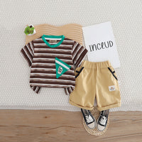 Boys Brown Striped Triangular Patch Pocket T-Shirt With Khaki Shorts Set 2 pc. Sets