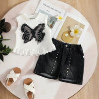 Girls White Butterfly Applique Sleeveless Top With Embellished Denim Shorts Set Sets White 2-3 Y