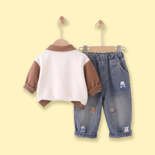 Boys Brown Graphic Polo Sweatshirt With Denim Pants Sets Sets