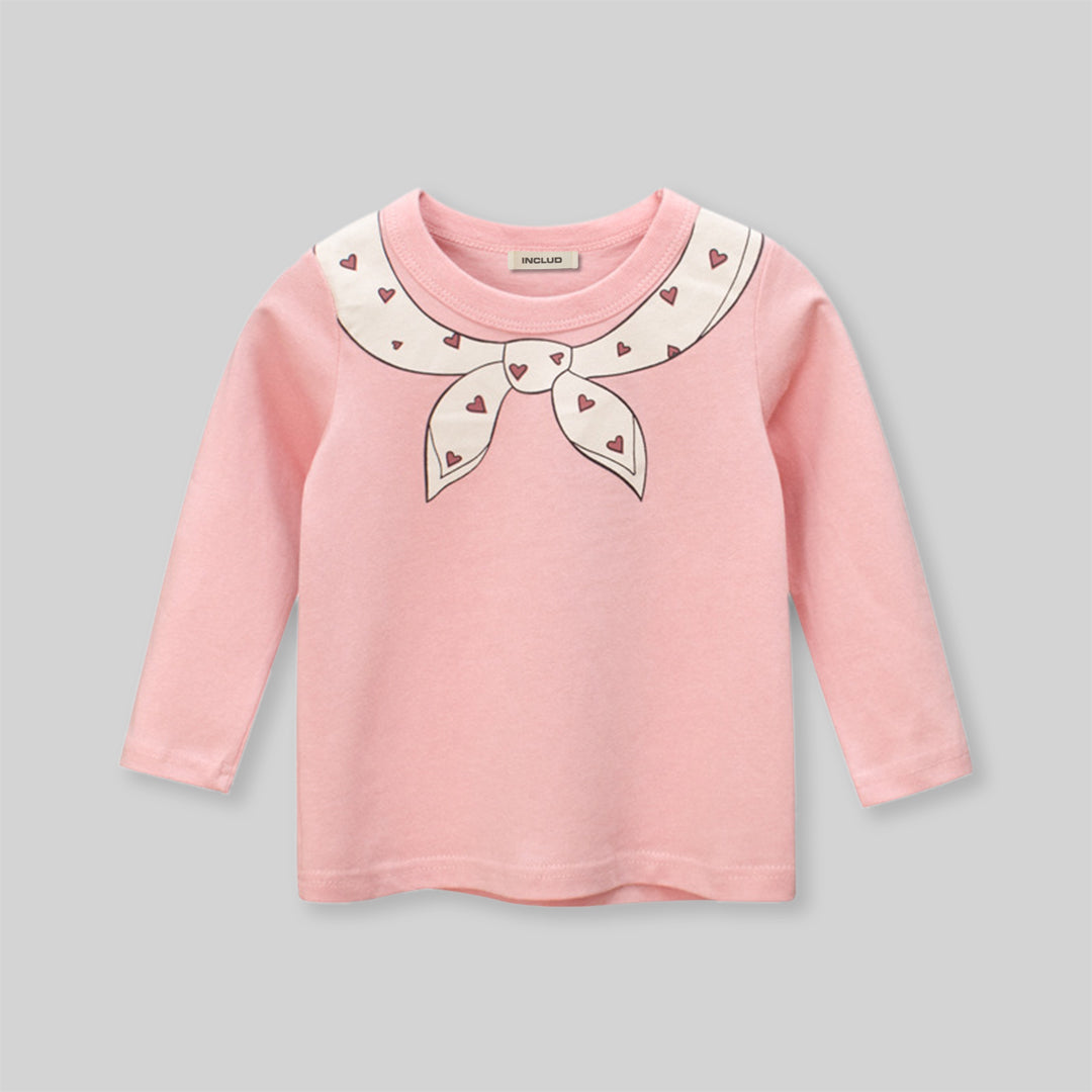 Girls Neck Bow Tie Print Long Sleeves T-Shirt Tshirts Pink 1-2 Y 