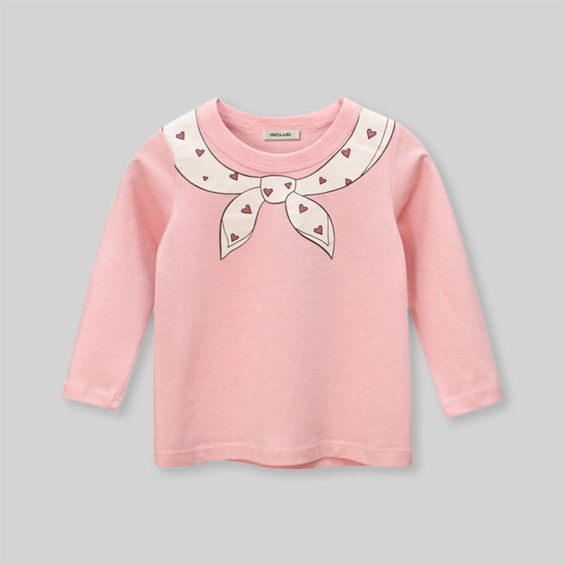 Girls Neck Bow Tie Print Long Sleeves T-Shirt Tshirts Pink 1-2 Y 