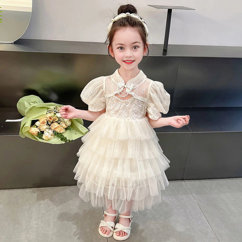 Girls Apricot Embroidered Multilayer Tulle Overlay Party Wear Dress Party Dresses