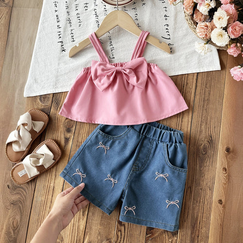 Girls Pink Bow Applique Sleeveless Top With Embroidered Denim Shorts Sets 2 pc. Sets Pink 3-4 Y