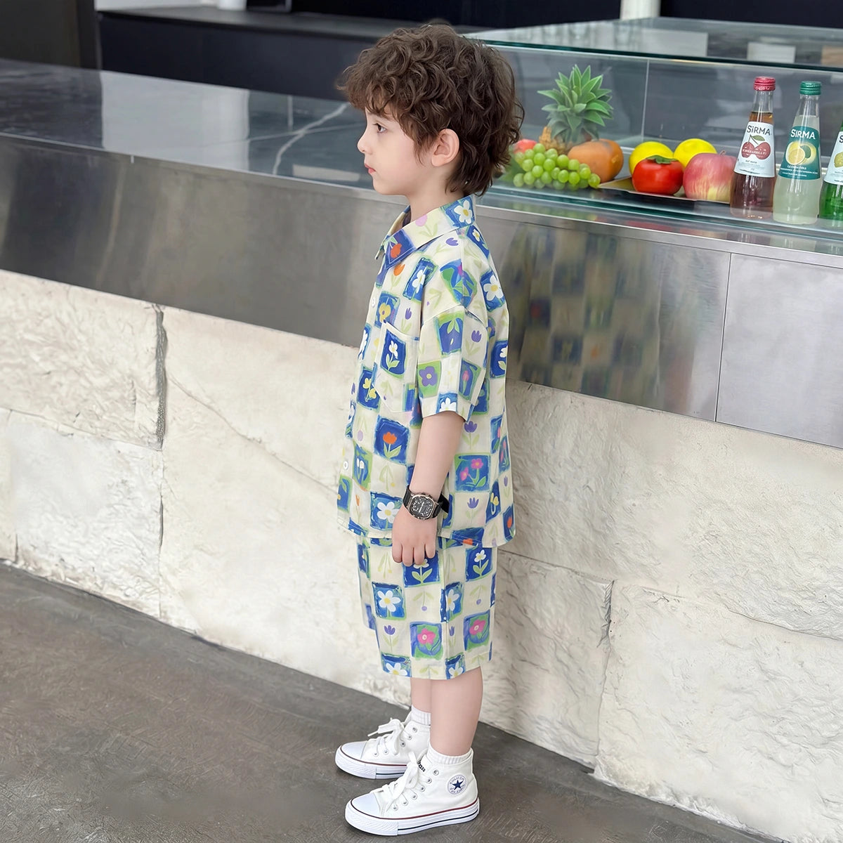 Boys Cream Floral Print Shirt Short Sleeve With Shorts Sets 2 pc. Sets