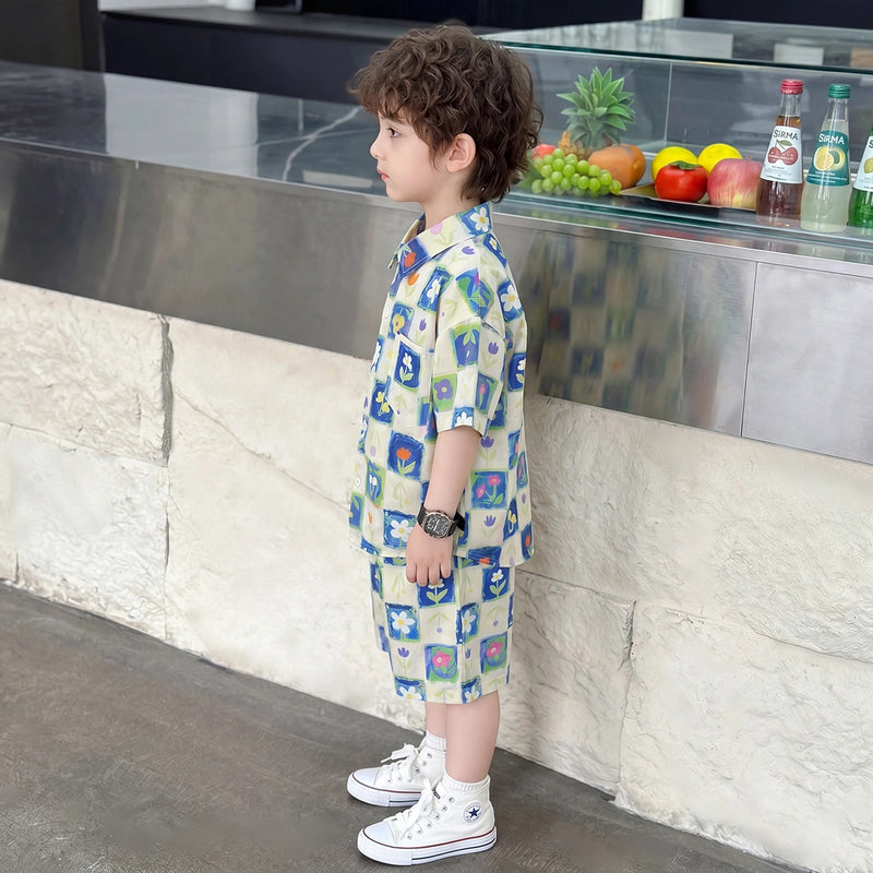 Boys Cream Floral Print Shirt Short Sleeve With Shorts Sets 2 pc. Sets