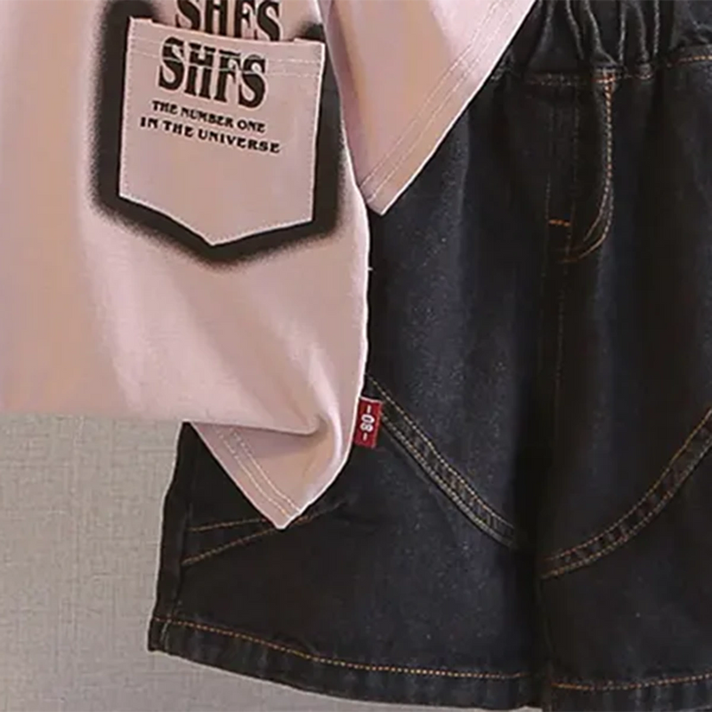 Boys Dark Pink Typographic Printed T-Shirt With Denim Shorts Sets Sets