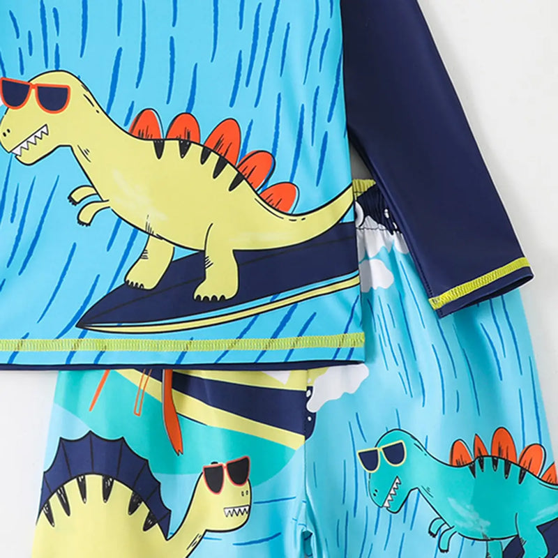 Boys Sky Blue Dinosaur Print T-Shirt With Shorts Swimwear Sets Beachwear