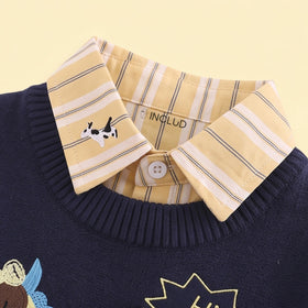 Boys Navy Blue Jacquard Sweater vest With Shirt And Denim Pants Sets 3 pc. Sets
