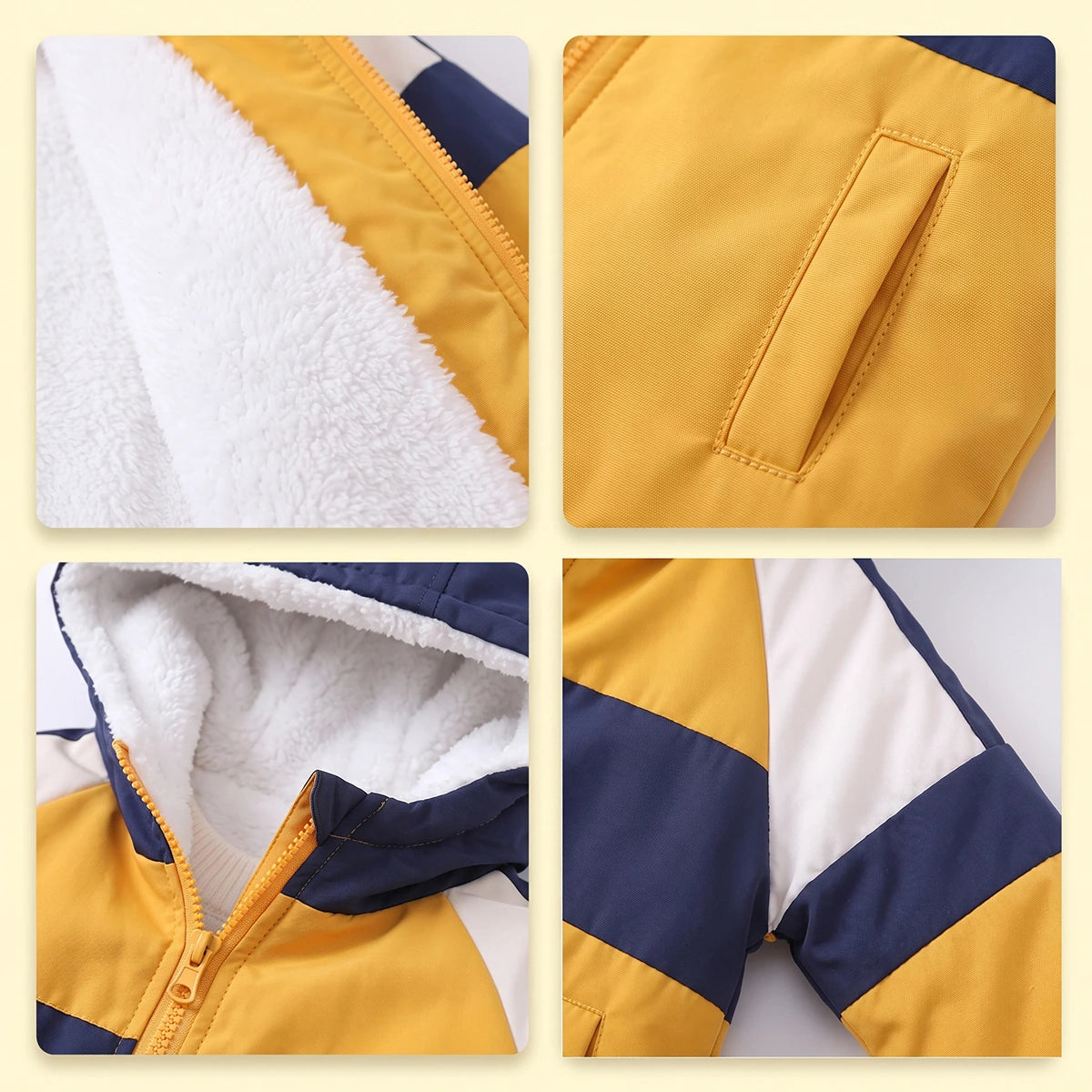 Boys Yellow Color-blocked Back Pocket Fleece Lined Jacket Coats & Jackets