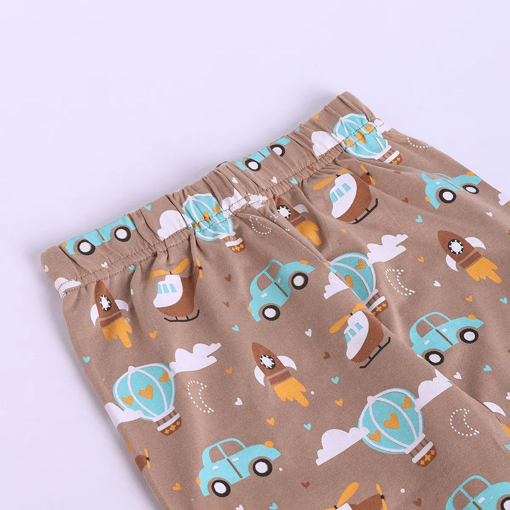 Girls Brown Hot Air Balloon Print Short Sleeve Shirt With Elasticated Pants Sets Sets