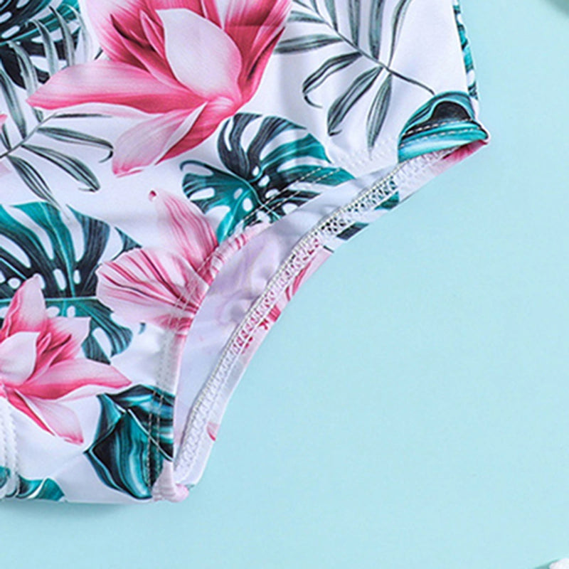 Girls White Tropical Printed One Shoulder Swimwear Bodysuit Beachwear