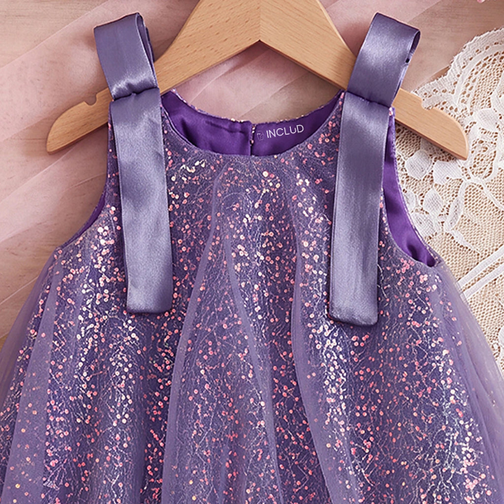 Girls Purple Sleeveless Sequins Embellished Balloon Dress Casual Dresses