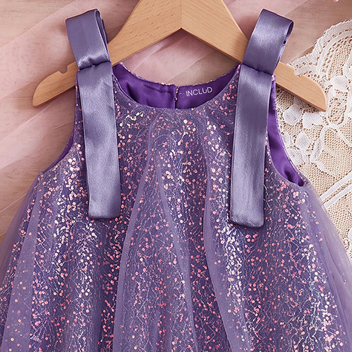 Girls Purple Sleeveless Sequins Embellished Balloon Dress Casual Dresses