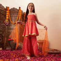 Girls Orange Bandhani Printed A-Line Kurta With Sharara And Dupatta Set Ethnicwear Girls