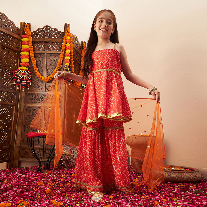 Girls Orange Bandhani Printed A-Line Kurta With Sharara And Dupatta Set Ethnicwear Girls