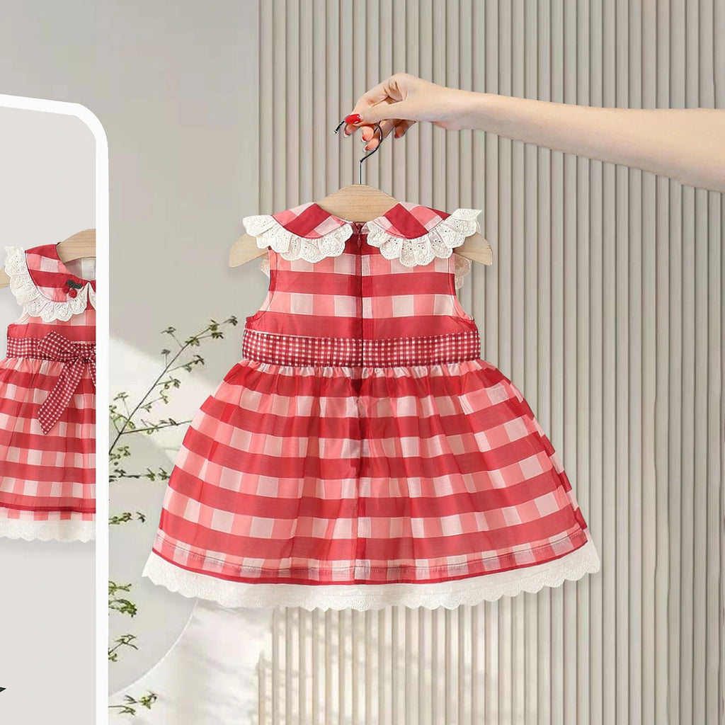 Girls Red Checked Cherry Applique Fit & Flare Casual Dress Casual Dresses