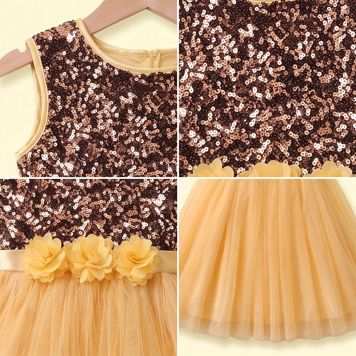 Girls yellow sleeveless party gown with sequined bodice and floral applique