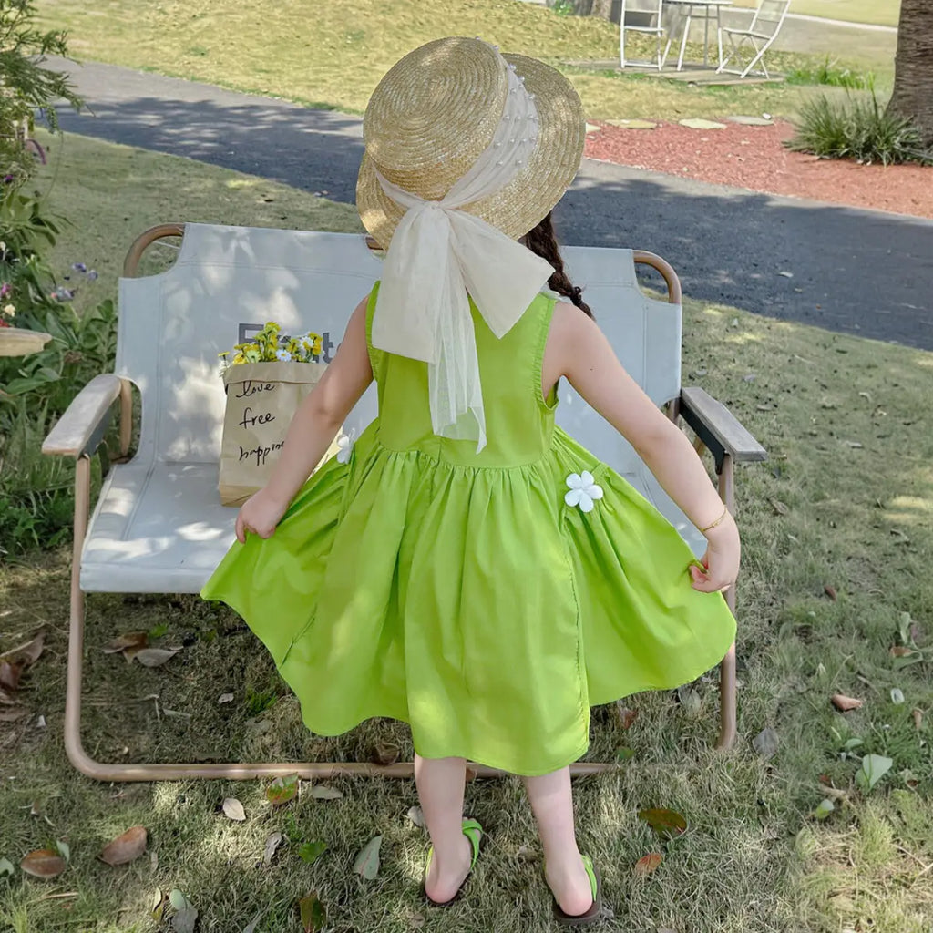 Girls Green Flower Applique Sleeveless Fit & Flare Dress Casual Dresses