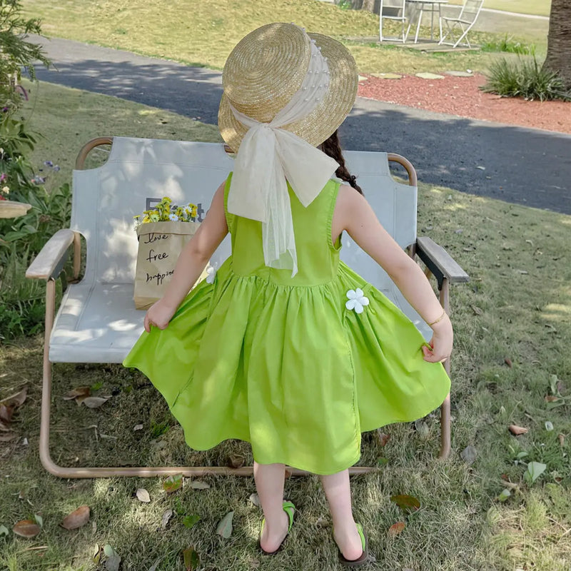Girls Green Flower Applique Sleeveless Fit & Flare Dress Casual Dresses