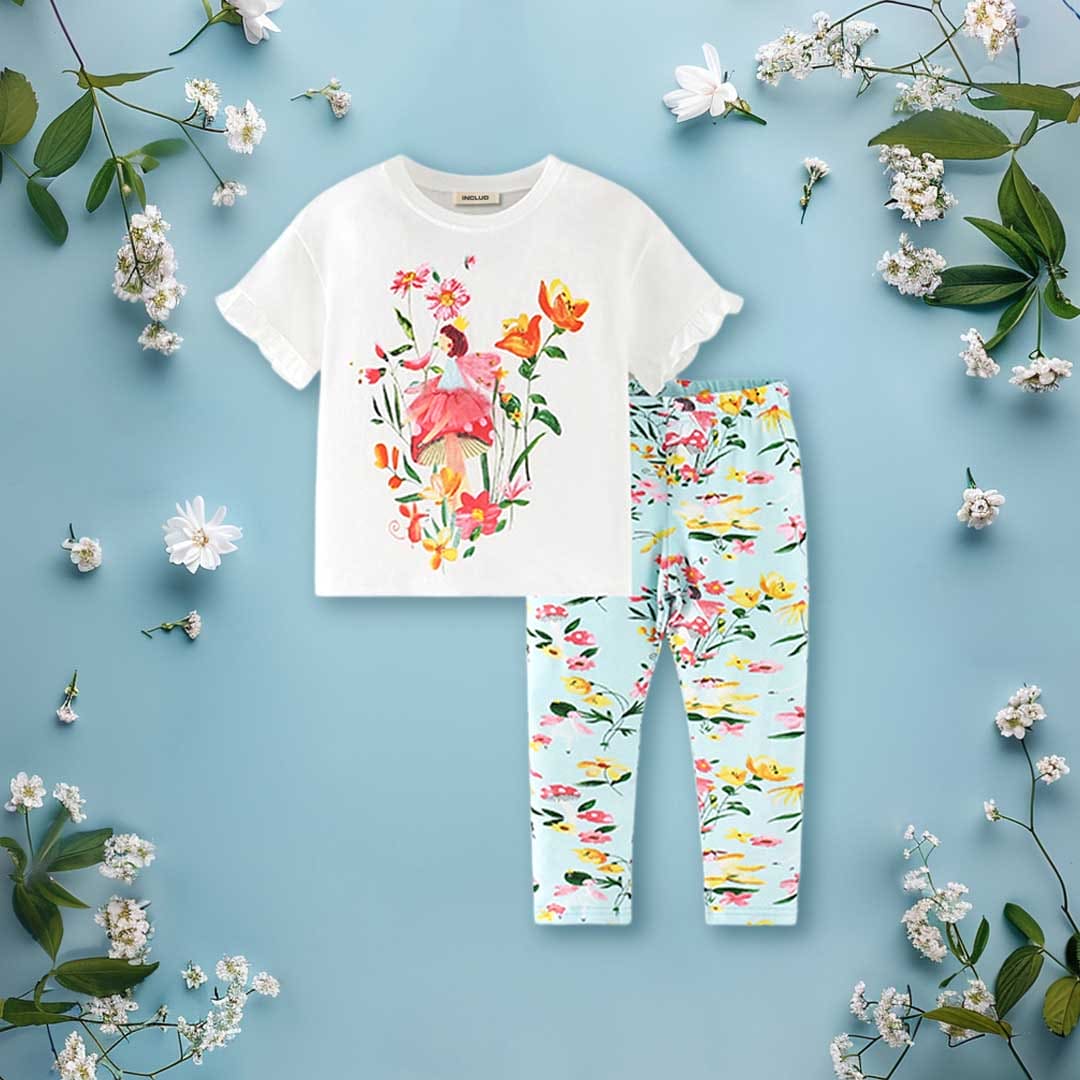 Girls Printed Short Sleeves T-shirt with Leggings Set Sets White 1-2 Y 