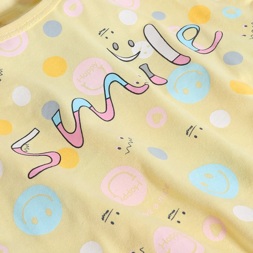 Girls Yellow Allover Smiley Printed Crop Top With Pants Co-ord Sets Sets