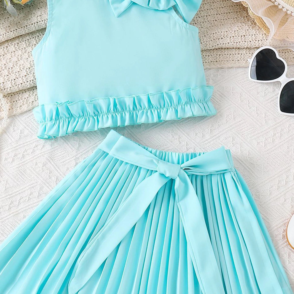 Girls Turquoise Blue Bow Applique Sleeveless Top With Pleated Skirt Sets 2 pc. Sets