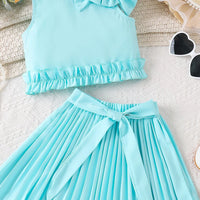 Girls Turquoise Blue Bow Applique Sleeveless Top With Pleated Skirt Sets 2 pc. Sets