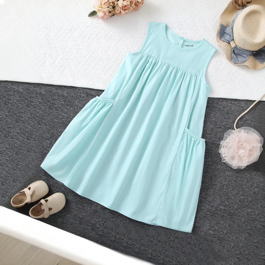 Girls Aqua Blue Solid Sleeveless A-Line Dress with Pockets Casual Dresses Blue 3-4 Y