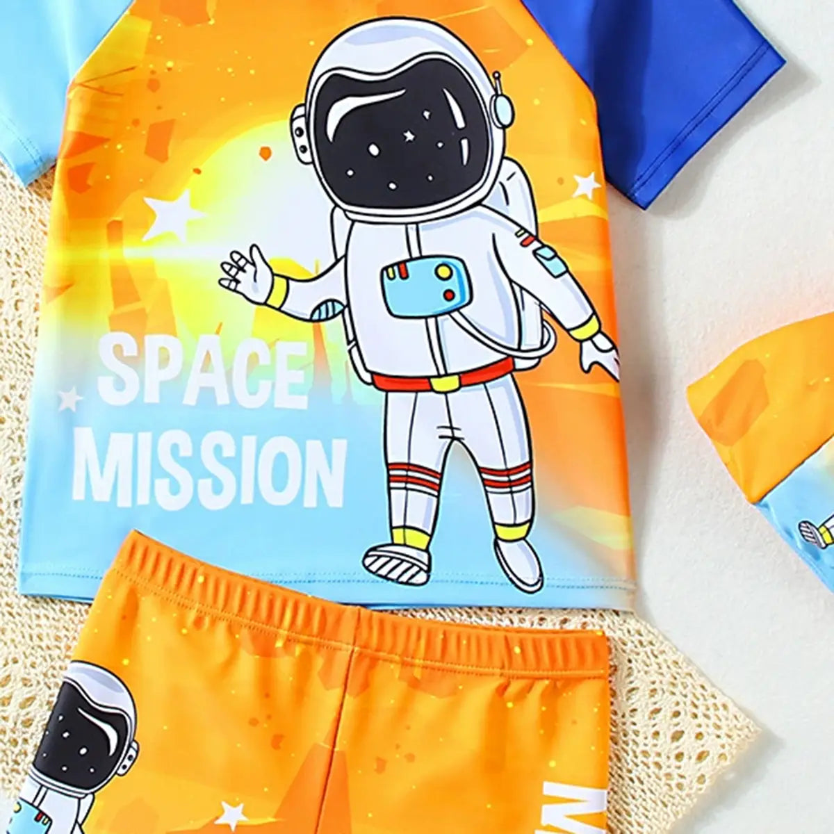 Boys Orange Space Themed Short Sleeves T-Shirt & Shorts With Cap Swimsuit Sets Sets