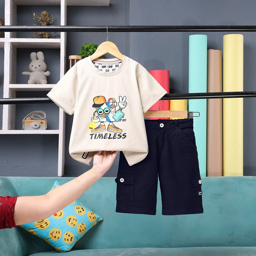 Boys Beige Graphic Short Sleeve T-Shirt With Elasticated Cargo Shorts Sets Sets Beige 1-2 Y