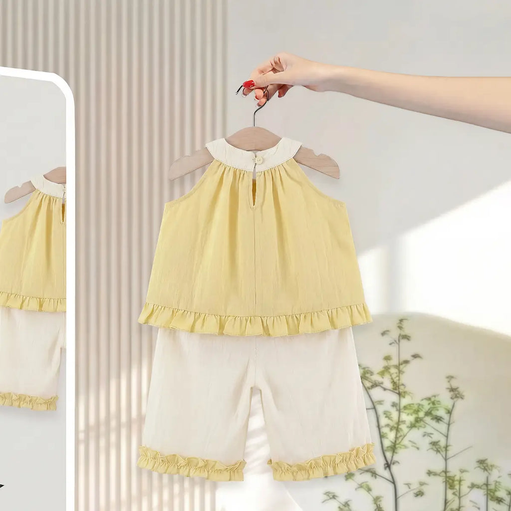 Girls Yellow Rose Applique Sleeveless Top With Pants Sets Sets