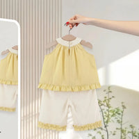 Girls Yellow Rose Applique Sleeveless Top With Pants Sets Sets