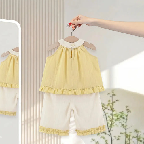 Girls Yellow Rose Applique Sleeveless Top With Pants Sets Sets